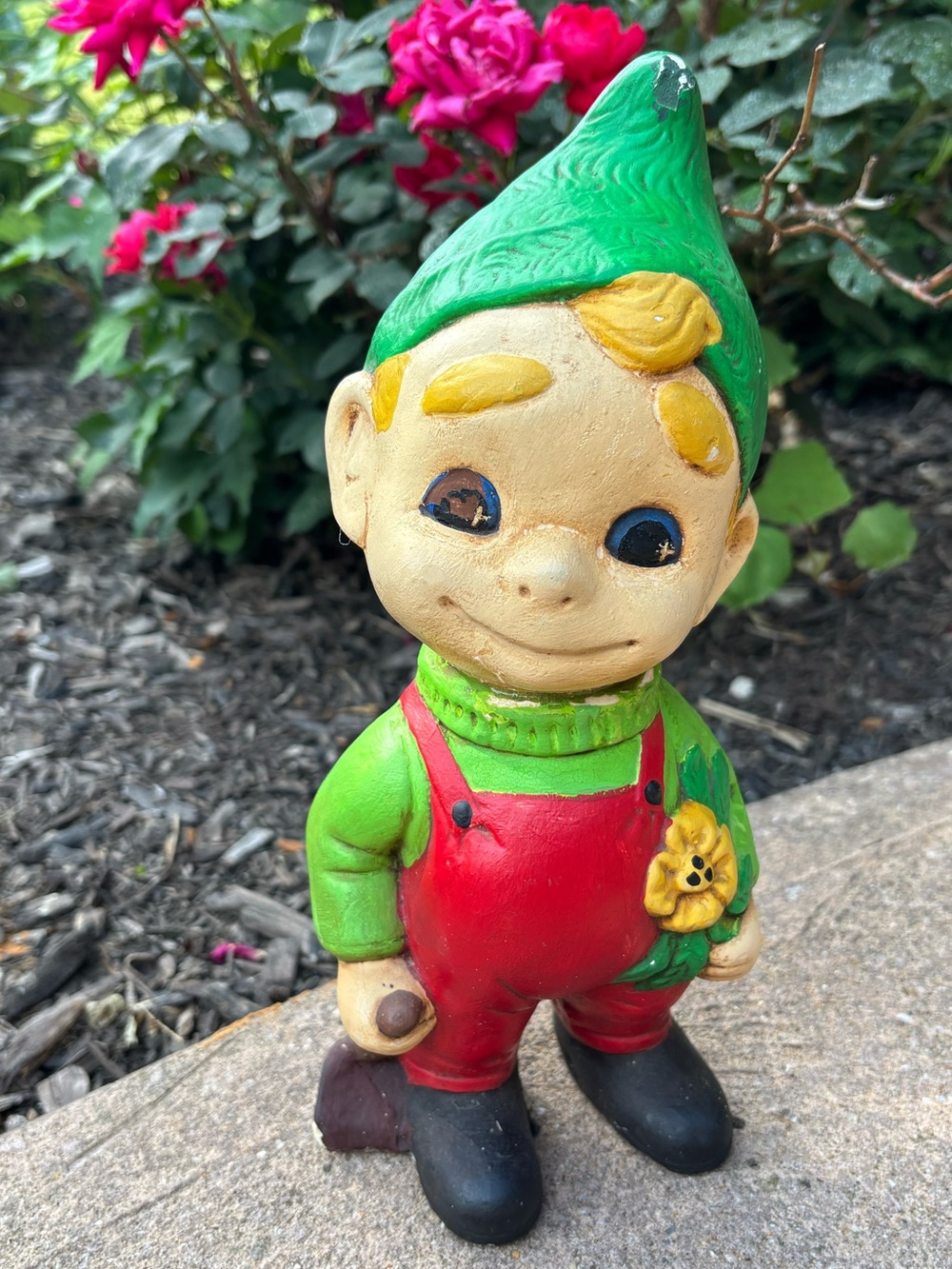 Vintage Atlantic Mold Garden Gnome Elf Figurine Green Hat & Red Overalls Pixie